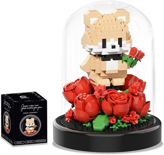 Artificial Flower Animal Toy Building Set for Adult,Mini Bear Plant Bonsai Tree Friend Set for Girl,Botanical Collection Gift for Kids,Office Home Decor Building Block,Birthday Gift for Women