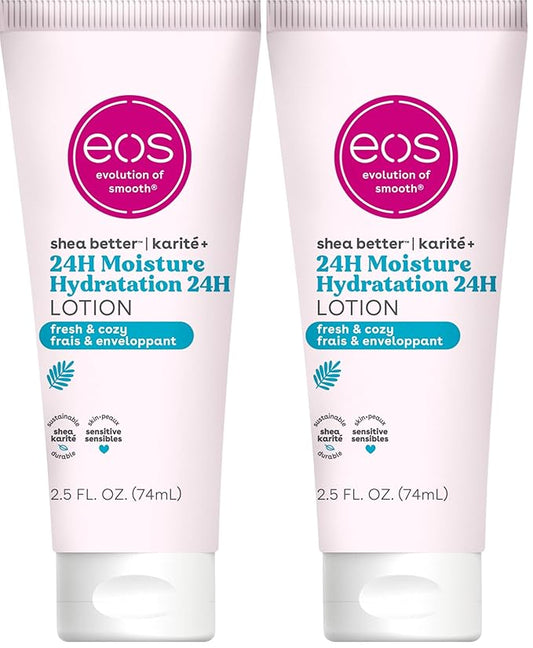 eos 24H Moisture Travel Body Lotion- Fresh & Cozy,Travel Size Essential,Toiletries,Mini Body Lotion,2.5 fl oz,(Pack of 2)