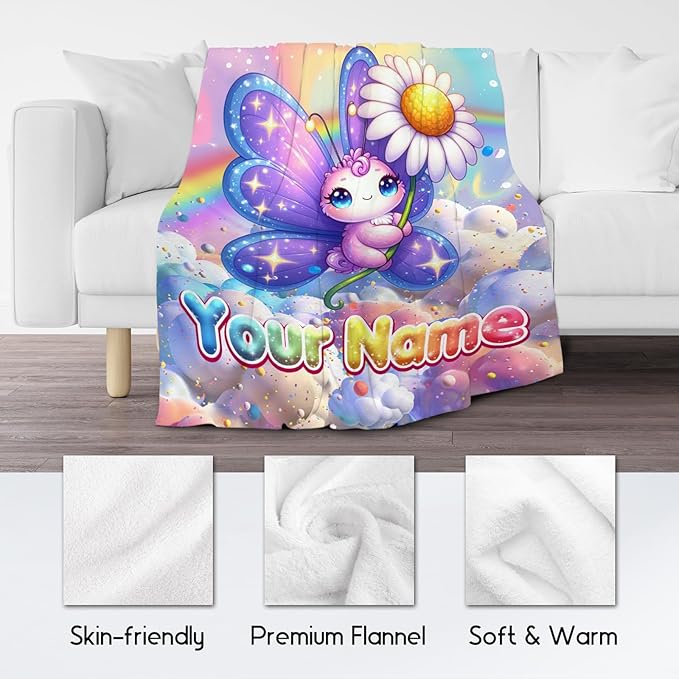 Girls Blankets - Customizable Butterfly Blanket Gifts - 4 Sizes Cute Cozy Soft Flannel Throw for Couch, Office Bed