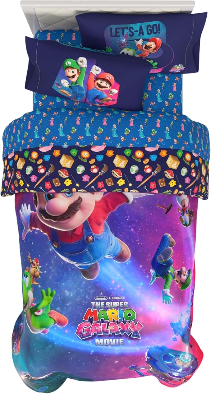 The Super Mario Galaxy Movie Bedding Set, Twin Size 4 Piece Kids Super Soft Cozy Reversible Comforter and Sheet Set, (Officially Licensed Product) By Franco | Durable, Reversible, Officially Licensed