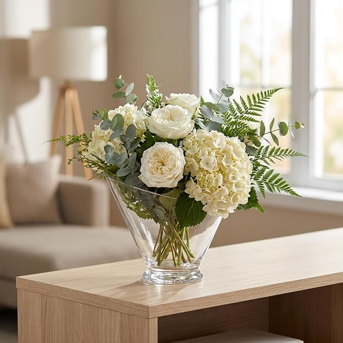 WGVI Slant Cut Calyx Glass Vase, Width 9", Height 7.75", Clear Terrarium, Candy Dish, Fruit Jar, Floral Container for Wedding Party Event, Home Office Decor, 1 Piece