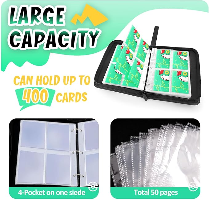 Card Binder 4-Pockets, 400 Pockets Card Holder with 50 Removable Sleeves, Trading Card Collector Zipper Album Holder, Green