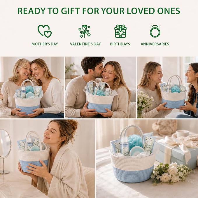 Body & Earth Gift Baskets for Women 11PCS Jasmine Spa Gift Sets for Her, Self Care Kit with Bubble Bath, Shower Gel, Lotion Set, Christmas Gifts for Mom