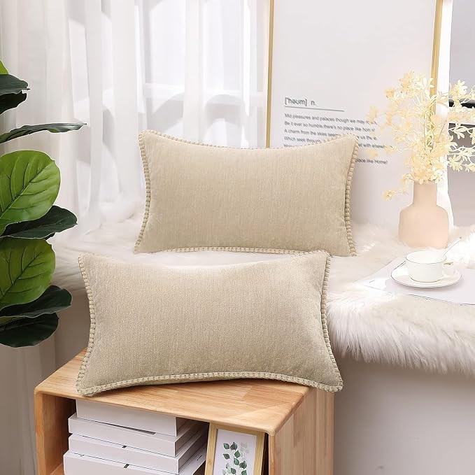 decorUhome Soft Chenille Throw Pillow Covers 12x20 Set of 2 Beige | Fall Textured Decorative Throw Pillow Cases Stitched Edge Modern Farmhouse Luxury Boho Velvet for Couch Sofa Bed Home Decor