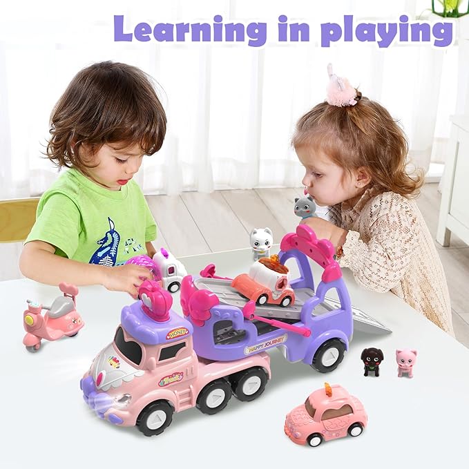 Car Toys for 2 3 4 5 6 7 Year Toddler Girl,Princess Carrier Truck with Sound & Lights,Christmas Birthday Gifts for Kids Girls Age 3-12