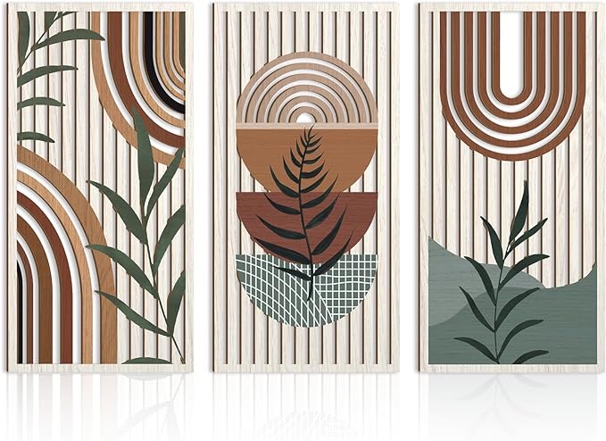 IARTTOP Large Boho Wood Wall Art 16x32 Inch Mid Century Modern Bohemian Wooden Wall Decor Brown Minimalist Geometric Plant Decor for Bedroom Living Room Dining Room Set of 3