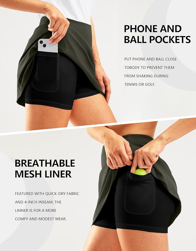 16" Golf Skirt with 2 Zipper Pockets | Tee Holder, Mesh Shorts, High Waisted, Casual, Pickleball, Athletic, Tennis, Skorts for Women