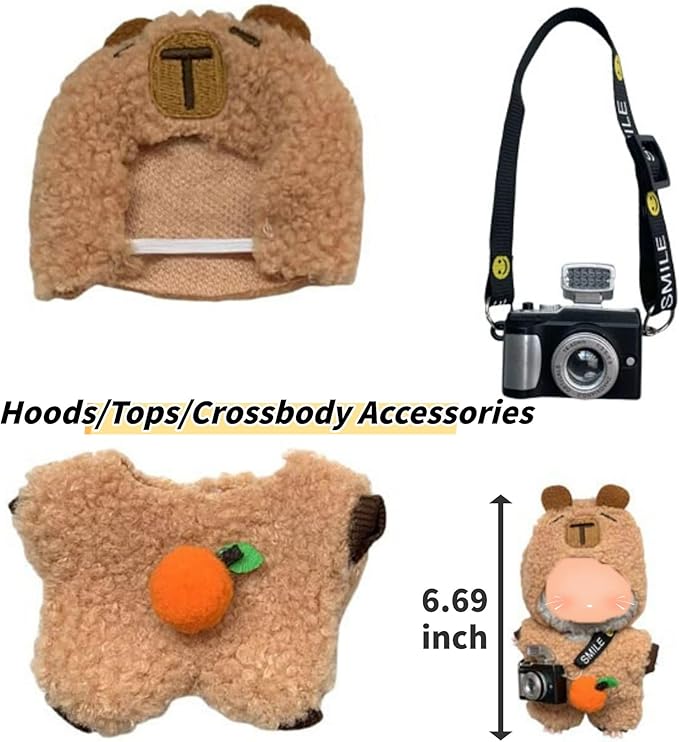 3-Piece Knit and Plush Doll Outfit Set for 17cm Collectibles - Plush Bear Hoodie Set (Hoodie+Outfit+Camera) - No Doll Included
