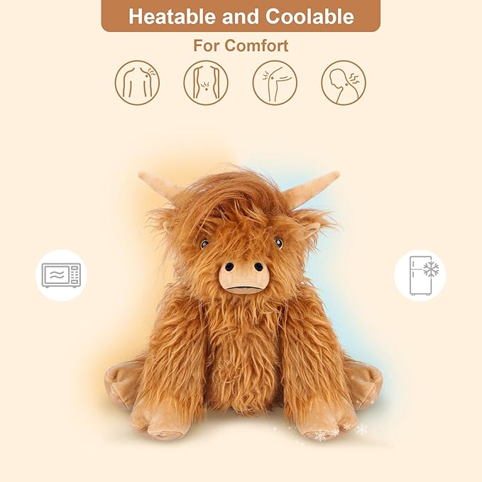 2Pcs Heatable & Coolable Highland Cow Stuffed Animal Plushie, Microwavable Heating Pad for Soothing & Relaxation, Lavender Scented Cattle Plush Toys for Stress Relief, Stuffed Cow Gifts