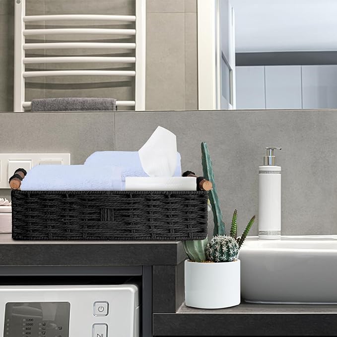 Basket for Toilet Paper Storage Baskets for Bathroom Decor Organizing | with Handle for Bedroom Home Decor and Shelves Apartment Countertop Use,Black