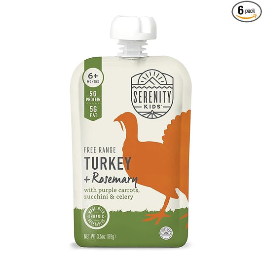 Serenity Kids 6+ Month Baby Food Puree Pouch - 3.5 Oz, Pack of 6, Turkey & Rosemary - Organic Zucchini & Carrot Pouch - No Added Sugar Turkey Meat Puree for Baby Snacks