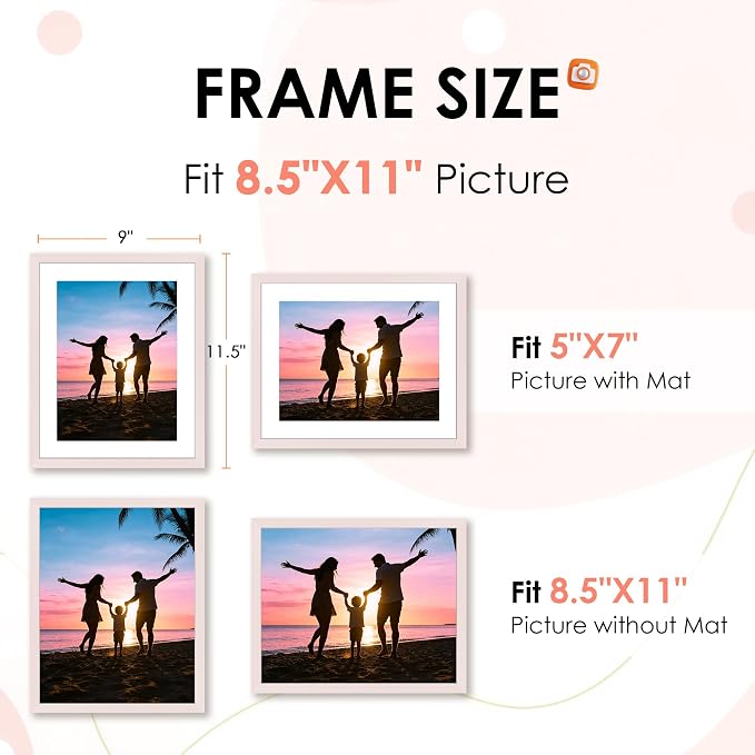 FIXSMITH 8.5x11 Picture Frame Set of 2, Pink Photo Frame with HD Plexiglass, Display Pictures 6x8 with Mat or 8.5x11 Without Mat, Black Picture Frames Collage Wall Decor, Gallery Wall Frame