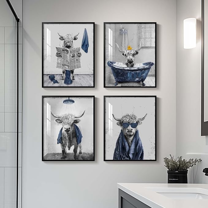 Framed Highland Cow Funny Animal Bathroom Wall Art, 4 Piece 11x14 In | Crystal porcelain coating, Waterproof prints, Navy blue and grey pictures, Wall decor for restroom toilet washroom