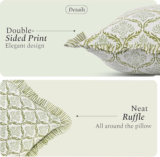CPC Fern Regal Hand Block Print 100% Cotton Ruffle Throw Pillow Cover 20x20 inch with Hidden Zipper Decorative for Couch, Bed, Sofa, Farmhouse, Cottagecore Decor Gift Christmas Fall Thanksgiving