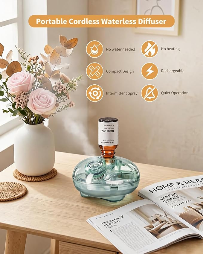 Waterless Essential Oil Diffuser with 12 x 10ml Hotel Fragrance Oils | Battery Operated, Cordless, Luxury Home Scents, Inspired by 5-Star Hotels, Aromatherapy Gift Set