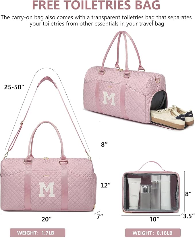 Women Weekender Travel Duffle Bag: Initial Duffel Overnight Bags with Shoe Compartment Large Carry on Tote with Toiletry Bag Weekend Traveling Yoga Gym Hospital Bag for Women with Wet Pocket Letter M