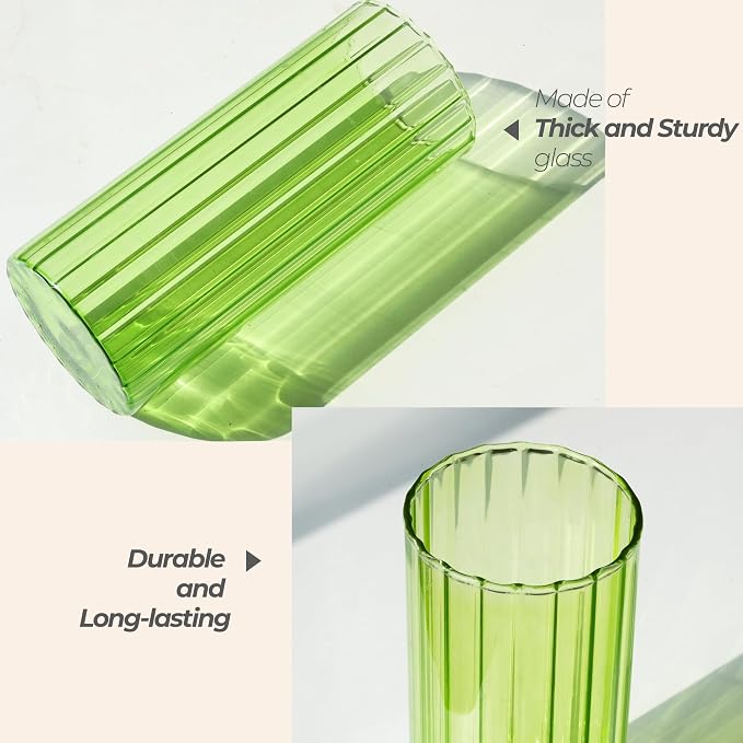 ComSaf Glass Cylinder Vase 8 Inch Tall, Green Ribbed Decor for Centerpieces | Decorative Flower Vase, Hurricane Floating Candle Holder, Wedding Decor, Reception Table, Home Accent, Housewarming Gift