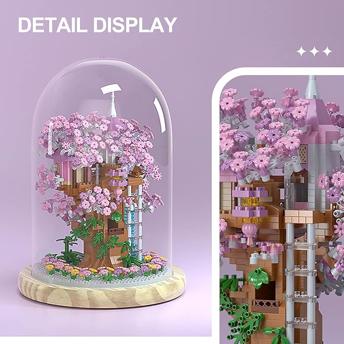 Cherry Blossom Bonsai Tree House Building Flowers Set for Adults, 1382 Pcs Micro-Particle Ideas Sakura Tree Building Blocks, Complete with String Lights, Dust Cover, and Wooden Base