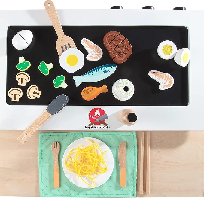 Hibachi Grill Wooden Kids Playset w Stools, Table Settings & Over 25 Toy Food Pieces- Noodles Tongs Meats Veggies- Everything a Little Chef Needs for Pretend Play, Indoor Japanese Restaurant Stand