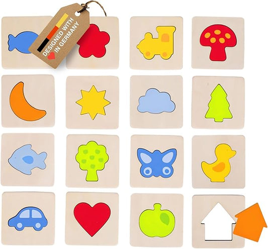 GOKI Wooden Montessori Sensory Toys for Toddlers - Shape Matching Wooden Puzzle with 16 Pieces & Cotton Bag - Shape Recognition & Fine Motor Skills - Learning Sensory Game for Kids Ages 3+