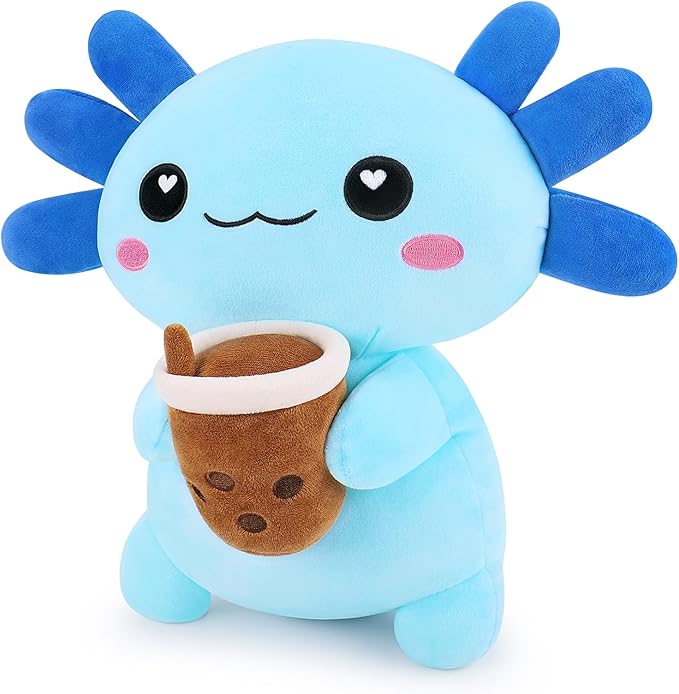 Achwishap Axolotl Plush,Axolotl Stuffed Animal Plush Toys-14” Blue Axolotls Plushie with Milk Tea,Cute Plushies Kawaii Huggging Pillow,Salamander Newt Plushie,Cuddly Animal Kids Birthday Plushies Doll