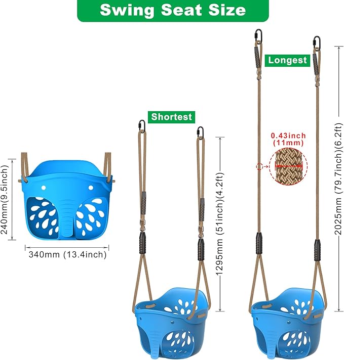 SELEWARE High Back Full Bucket Toddler Swing Seat, Heavy Duty Toddler Swing Set Accessories, Soft Plastic Elephant Baby Swing with Adjustable Rope & Locking Carabiners for Outdoor Playground, Blue