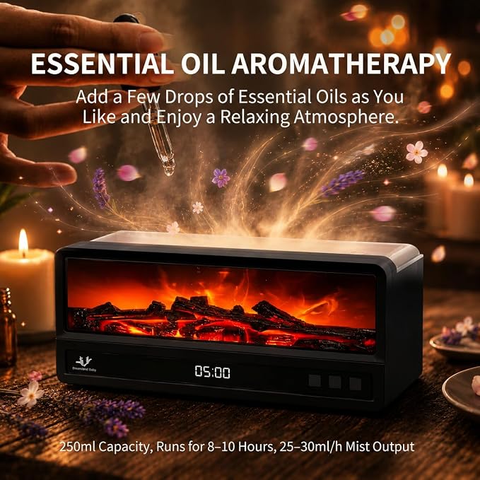Fireplace Aroma Diffuser for Bedroom Nightstand, Essential Oil Diffuser with Realistic Flame Effect, Remote Control, Timer Auto-Off, 7 Color LED Ultrasonic Aromatherapy Diffuser for Home Office Decor