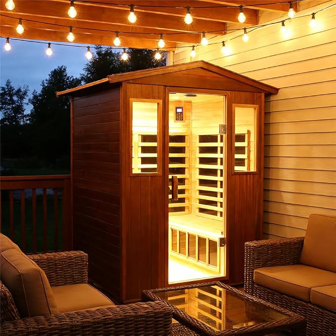 Kanlanth Outdoor Sauna 4 Person Low EMF Far Infrared Sauna for Home, 2050W Mahogany Wooden Sauna Room for Outdoor Indoor Home, with Blue-Tooth, LCD, LED
