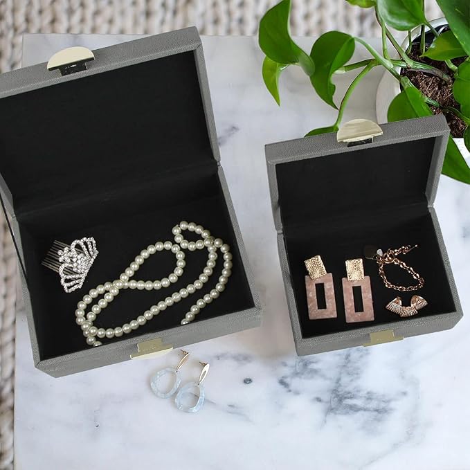 HofferRuffer Faux Leather Jewelry Boxes, Decorative Boxes Storage Accessory Organizer with Gold Hardware Decor, Classic Vegan Leather Set of 2 Pieces (Dark Grey)