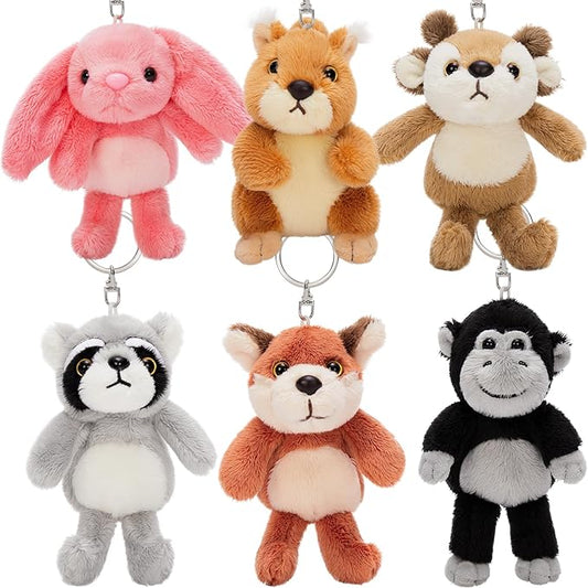 6Pcs Bulk Woodland Animal Stuffed Animal, 5" Raccoon Squirrel Fox Monkey Deer Bunny Plush Toy Keychain Pendants, Stuffed Forest Animals for Baby Shower Birthday Decor Backpack Charm