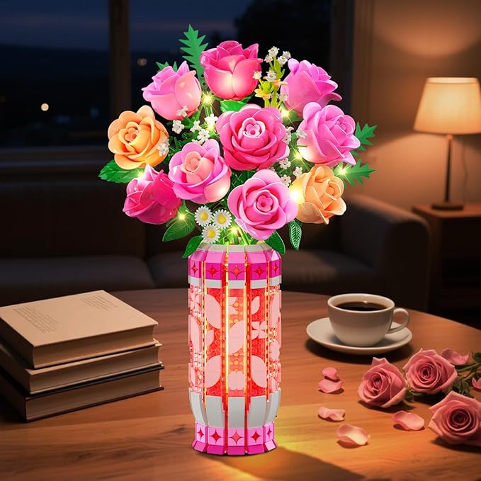 Romantic Pink Roses Bouquet Building Set with Vase & LED Light, 845PCS Flowers Botanical 3.6MM Mini Building Blocks Toys, Gifts for for Her, Artificial Flowers for Office Home Decor & Display