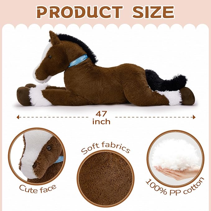 MaoGoLan Large Horse Stuffed Animal for Boy, Big Horse Plush Toy for Girl, Ridable Stuffy Pony for Kids, Coffee Stuffed Pony Plush Pillow for Baby Shower or Birthday Party Favor Gifts, 47 inches