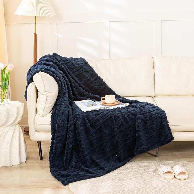 YUSOKI Sherpa Fleece Large Throw Blanket, Navy Blue, 50"x65" | 3D Stylish Design,320GSM, Non-Shedding, Lightweight for All Season Use, stays fluffy after repeated washes, Perfect Gifts