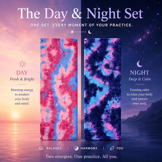 Eunzel 2 Pack Yoga Towel,Hot Yoga Mat Towel with Grip Dots Sweat Absorbent Non-Slip for Hot Yoga, Pilates and Workout 24" x72，Daybreak & Midnight