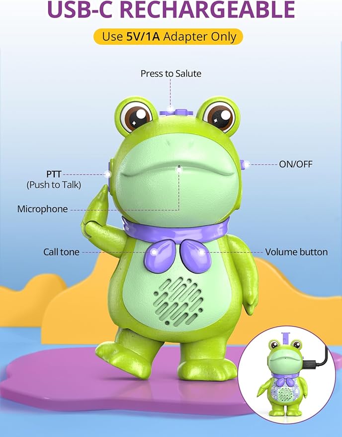 Toddler Walkie Talkies for Kids Rechargable, DIY Dress-Up Saluting Frog Toys, 2 Pack Cute Indoor Outdoor Playset with Stickers, Birthday for 3 4 5 6 7 8 Year Old Girls Boys