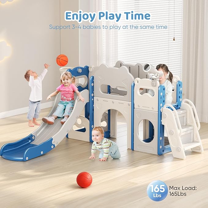 Toddler Slide Indoor, 8 in 1 Indoor Playground for Kids 1-3 Toddler Playset with Climber, Basketball Hoop, Tunnel and Storage Space Kids Outdoor Slide Playset (Blue)
