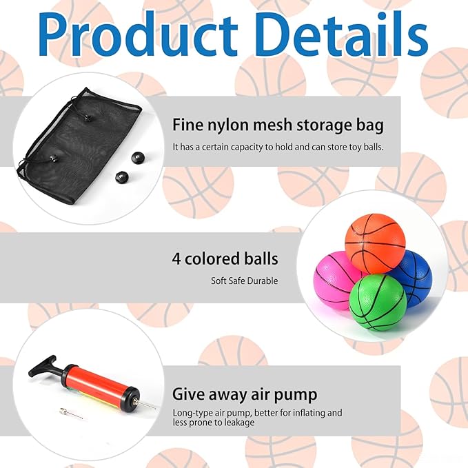 4 Pcs Replacement Balls for L-ittle Tikes Basketball Hoop Set with Mesh Storage Bag, Lightweight Soft Small Basketball，6 Inches Colorful Small Balls, Includes Air Pump