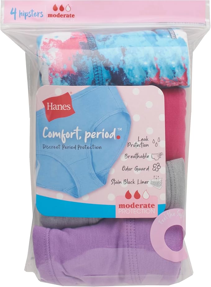Hanes Girls' Period Underwear Boxer Briefs, Comfort Period Boxer Brief Panties for Girls, Moderate Protection