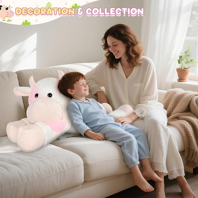 Giant Cow Stuffed Animal 30", Jumbo Strawberry Cow Plush Toys, Giant Stuffed Animal Hugging Pillow for Stress Relief & Sleep Aid, Huge Cuddly Dairy Plushies Gift for Kids Adults