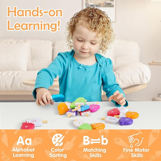 USATDD ABC Alphabet Learning Toys Alphabet Popsicles Animal Matching Toy Uppercase Lowercase Preschool Learning Activities Montessori Toys Back to School Gifts for Kids Ages 3+, 52 Pcs