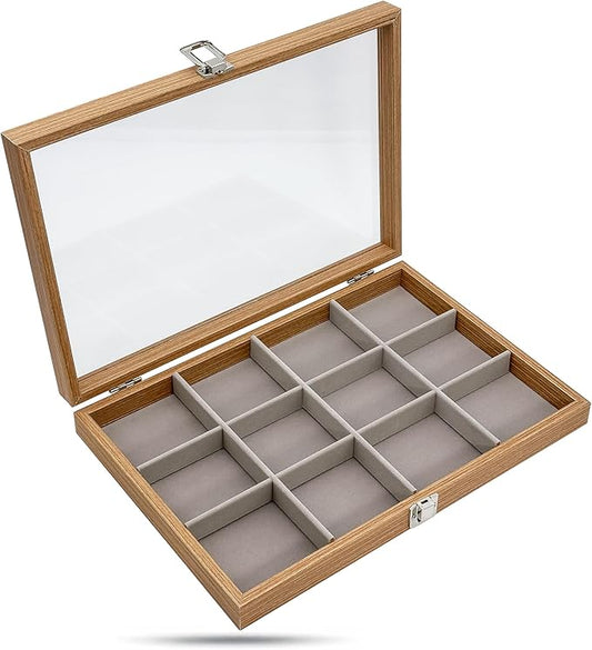 Wooden Travel Jewelry Box w. Tempered Glass Display Lid - Earrings Storage - 12-Compartments Velvet Organizer (Natural Oak) by The Display Guys