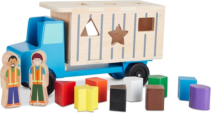 Melissa & Doug Shape-Sorting Dump Truck Wooden Toy with 9 Blocks and 2 Toy Figures - Montessori Toys and Toddler Toys for Preschool Learning Activities