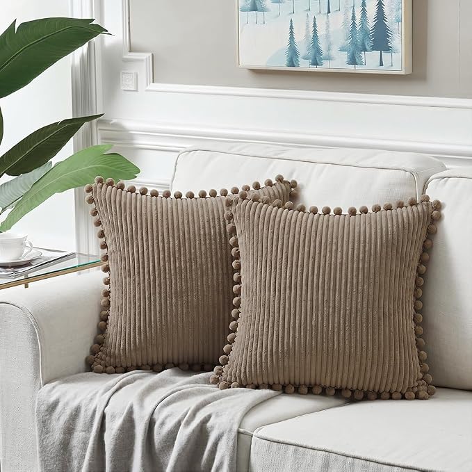 Fancy Homi Set of 2 Light Brown Decorative Throw Pillow Covers 16x16 Inch with Pom-poms, Boho Farmhouse Home Decor, Soft Corduroy Square Cushion Case for Living Room Couch Bed Sofa 40x40 cm