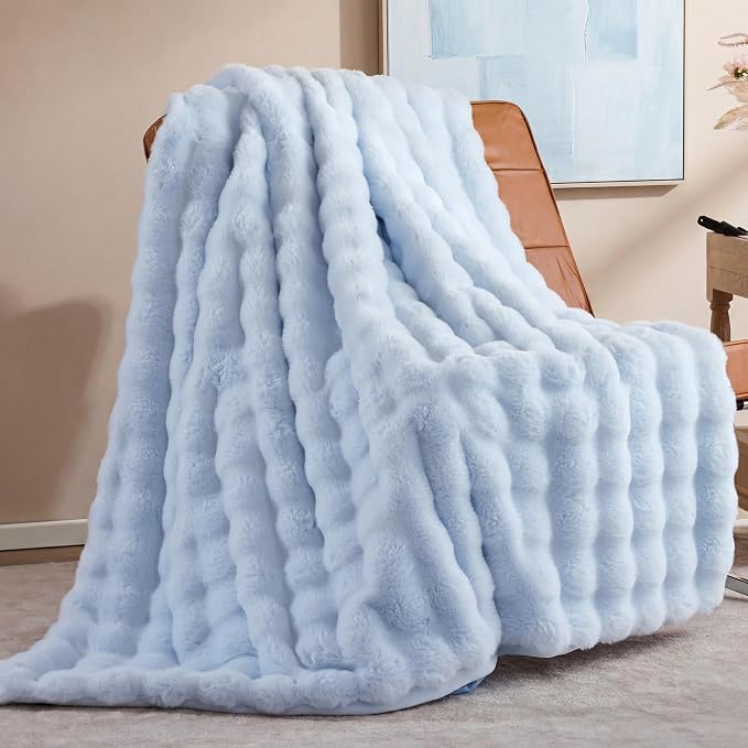 Faux Rabbit Fur Throw for Couch - Light Blue Bubble Blanket 60"x80" | Fluffy Plush Fuzzy Throw for Sofa & Bed, Super Soft Cozy Comfrt Blanket, Luxury Aesthetic Light Blue Decor Gift for Women