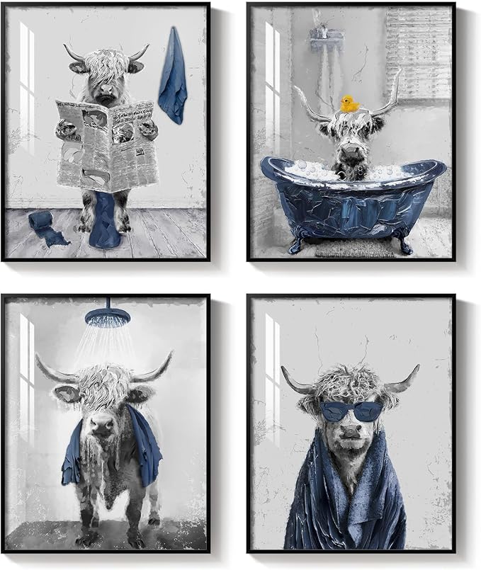 Framed Highland Cow Funny Animal Bathroom Wall Art, 4 Piece 11x14 In | Crystal porcelain coating, Waterproof prints, Navy blue and grey pictures, Wall decor for restroom toilet washroom