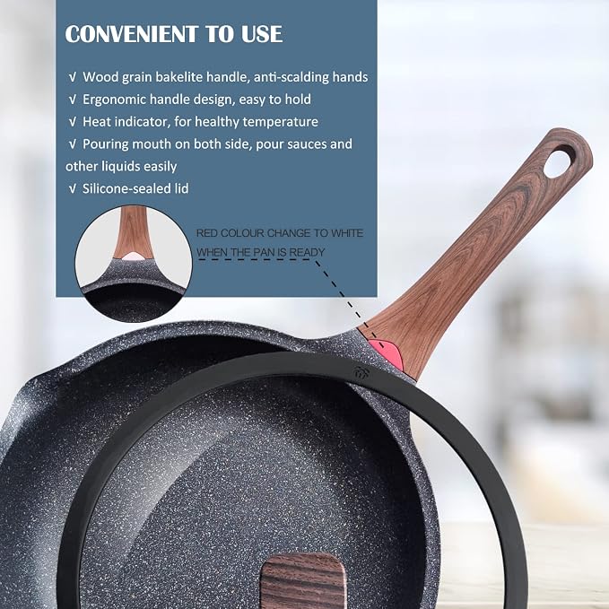 Vinchef Nonstick Deep Frying Pan Saute Pan with Lid, 10in/3Qt Skillet Pan, German 3C+ Ceramic Coating Technology, Aluminum Casting, Induction Compatible | German 3C+ ceramic nonstick, PFOA-free. Induction/gas compatible. Heat indicator handle. Lightwei...