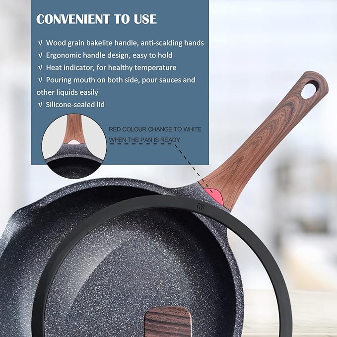 Vinchef Nonstick Deep Frying Pan Saute Pan with Lid, 12in/5.5Qt Fry Pan, German 3C+ Ceramic Coating Technology, Heat Indicator, Induction Compatible | Black German 3C+ toxin-free ceramic PFOA-free. Induction/gas compatible. Heat indicator handle. Light...