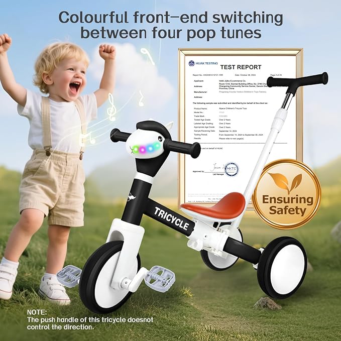 5-in-1 Toddler Tricycle with Lights & Music, Adjustable Push Kids Bike for 1-5 Year Olds, Toddler Balance Bike & Tricycle for Boys & Girls, Birthday Gift for 1 2 3 4 5 Year Old Kids (Black)