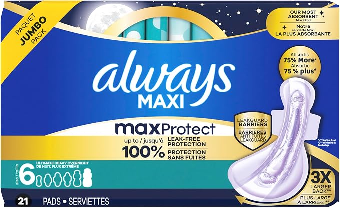 Always Maxi Overnight Feminine Pads with Wings for Women, Size 6, Ultimate Heavy Overnight Absorbency, Unscented, Up to 100% Leak-Free Protection, 21 Count