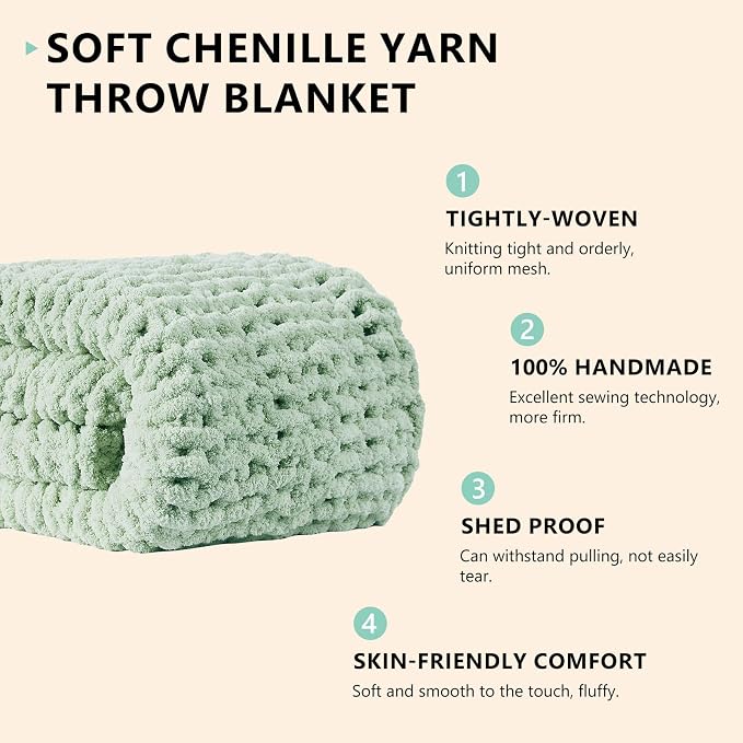 L'AGRATY Chunky Knit Throw Blanket for Couch, 50 x 60 Inches, Milky Green | Handmade Chenille Crochet Blanket for Sofa Bed, Thick Cable Knitted Blankets for Room Home Decor, Birthday Gift for Women Mom